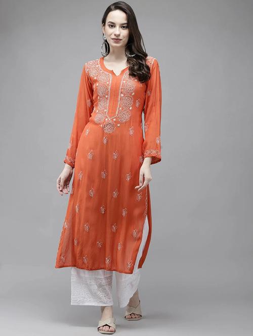 ada hand embroidered rust muslin lucknowi chikankari kurta with muqaish work	 - 18227470 - Very Small Image - 1