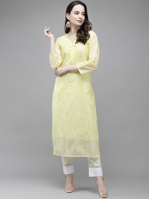 ada hand embroidered lemon kota lucknow chikankari kurta/slip with muqaish work	 - 18227493 - Very Small Image - 1