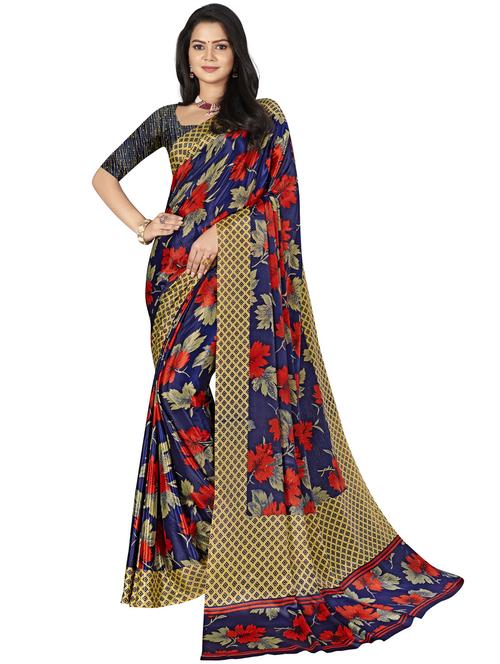 navy printed saree with blouse - 18229181 - Very Small Image - 1