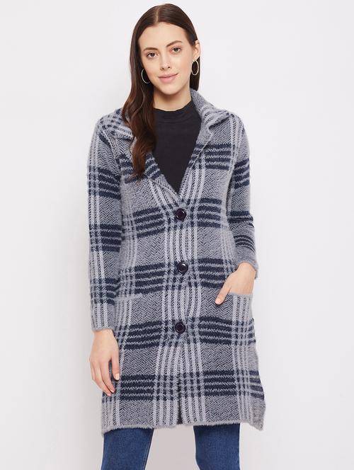 navy blue checked blend cardigan - 18229846 - Very Small Image - 1