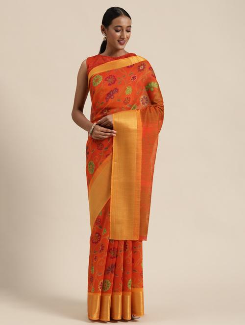 orange linen printed saree with blouse - 18230148 - Very Small Image - 1