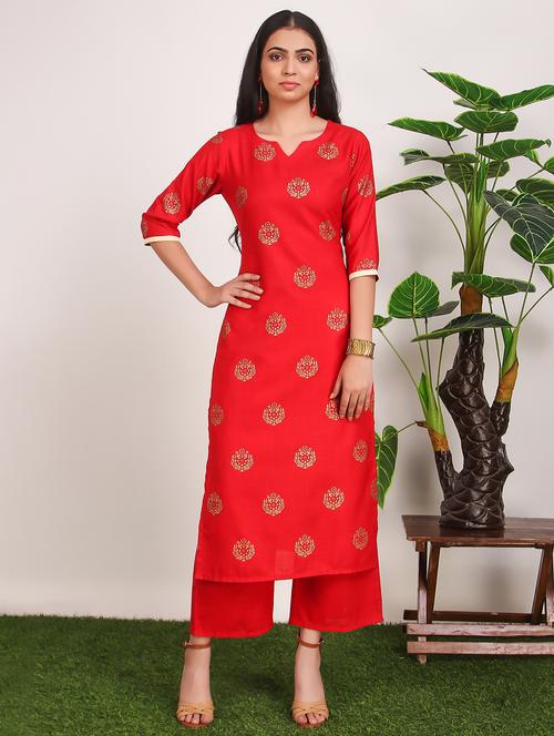 red rayon kurta palazzo  set - 18230545 - Very Small Image - 1