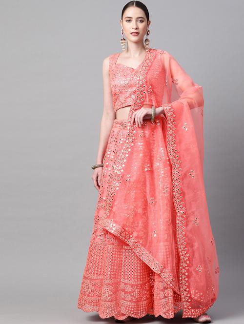 peach organza aline lehenga - 18231035 - Very Small Image - 1