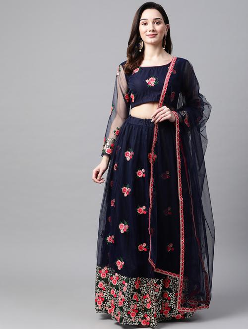 navy blue net flared lehenga - 18231050 - Very Small Image - 1