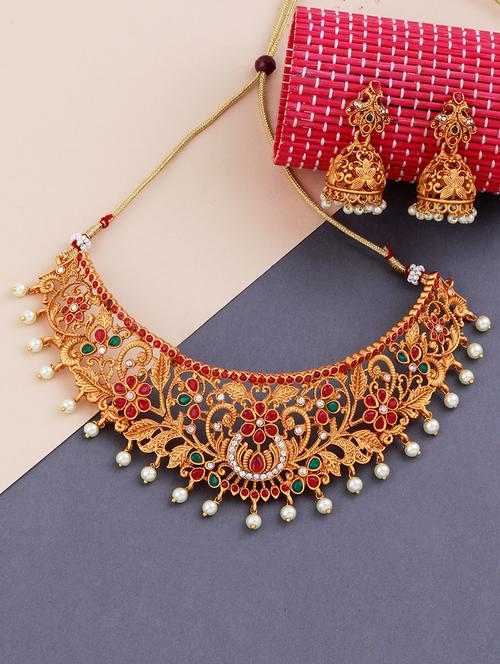  gold plated choker necklace with earring - 18233745 - Very Small Image - 1