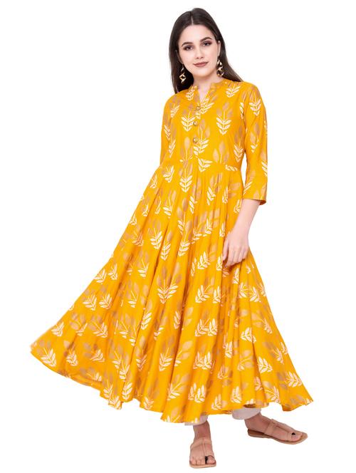 yellow rayon flared kurta - 18233946 - Very Small Image - 1
