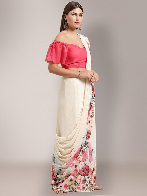 women's printed white colored saree with blouse - 18234268 - Very Small Image - 1
