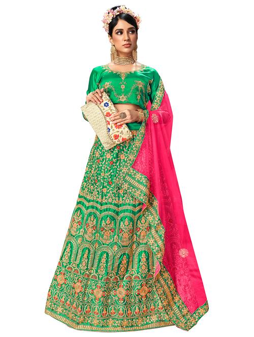 green satin aline lehenga - 18235831 - Very Small Image - 1
