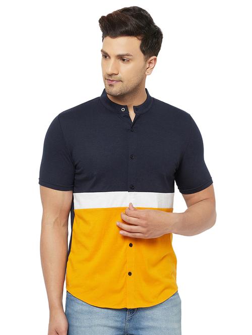 navy-blue colored-block casual shirt - 18236838 - Very Small Image - 1