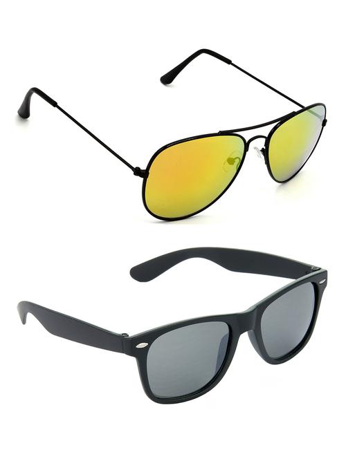 hrinkar men women boys & girls aviator & wayfarer sunglasses black frame, golden & black lens (medium) pack of - 2 - 18238858 - Very Small Image - 1