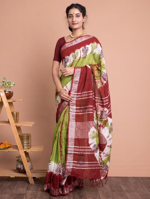 Multi Colored Linen Bordered Saree With Blouse - 18244573 - Very Small Image - 1