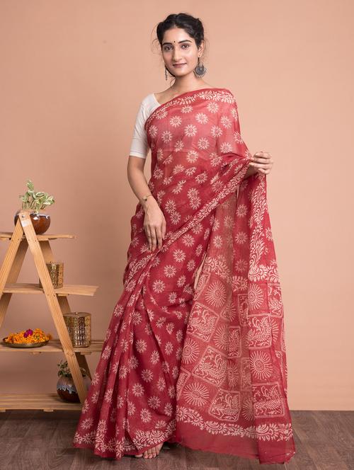 red printed saree with blouse - 18244591 - Very Small Image - 1