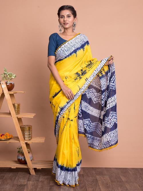 yellow cotton printed saree with blouse - 18244609 - Very Small Image - 1