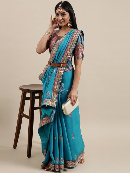 Blue Art Silk Embroidered Saree With Blouse - 18246099 - Very Small Image - 1