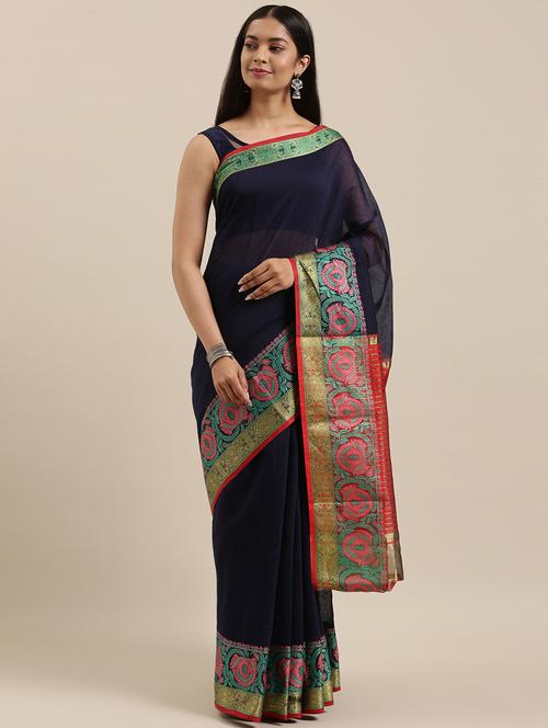blue cotton saree with blouse - 18246849 - Very Small Image - 1