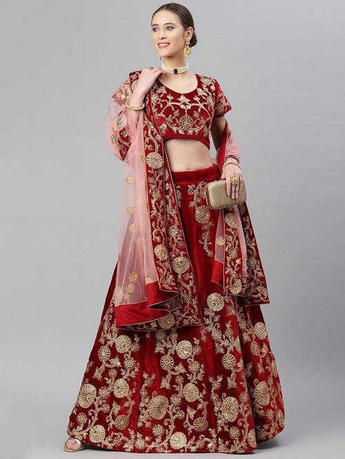 maroon velvet flared lehenga - 18247893 - Very Small Image - 1
