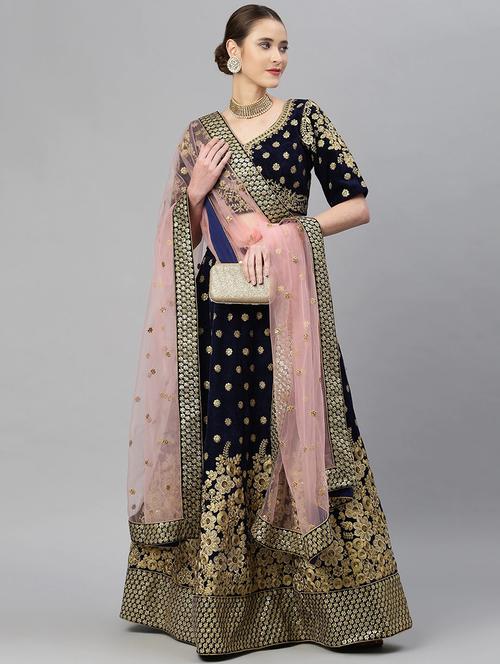 blue velvet flared lehenga - 18247904 - Very Small Image - 1