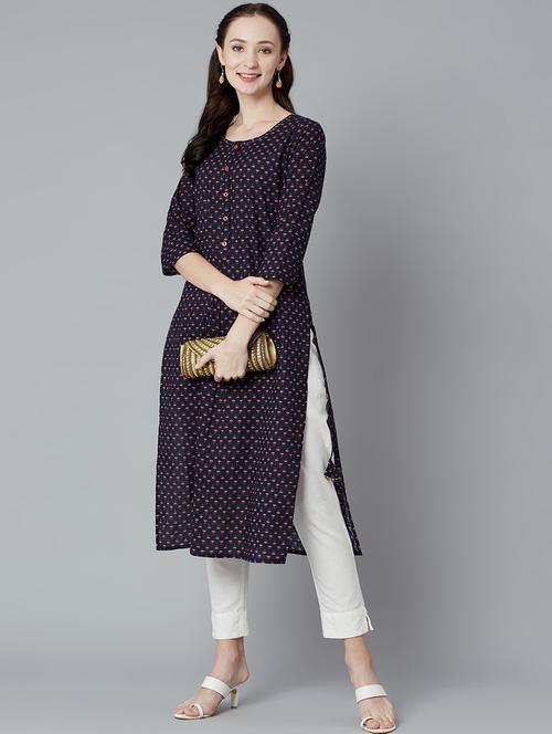 navy printed straight kurta - 18248272 - Very Small Image - 1