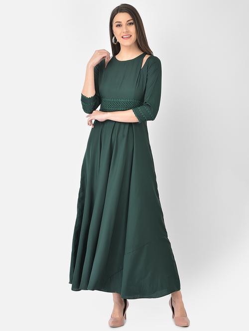 green solid flared ethnic dress - 18248492 - Very Small Image - 1