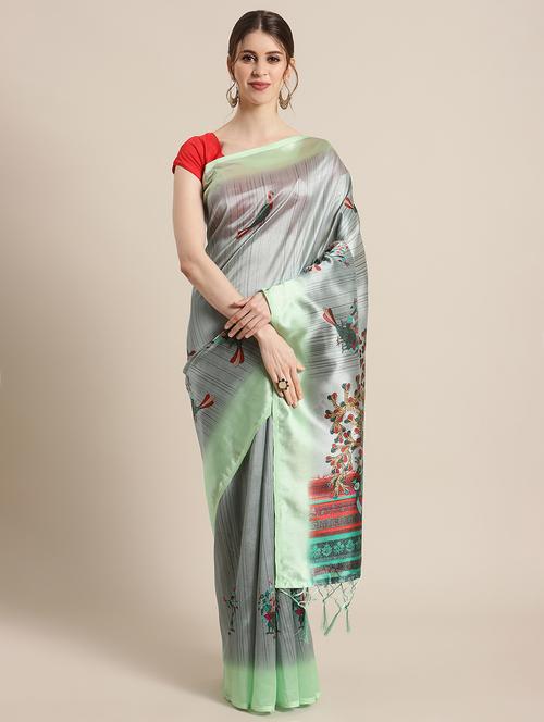 grey printed saree with blouse - 18248730 - Very Small Image - 1