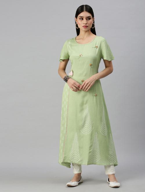 green cotton blend aline kurta - 18249192 - Very Small Image - 1