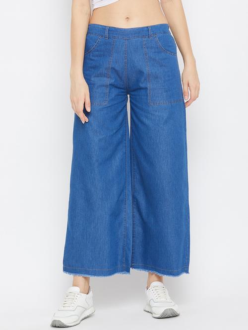 blue denim solid flat front trouser - 18249499 - Very Small Image - 1