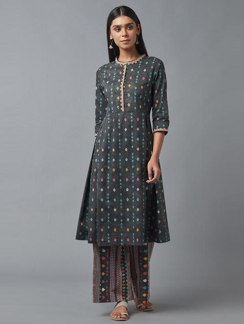 w women grey geometric print cotton kurta with parallel pant - 18250132 - Very Small Image - 1