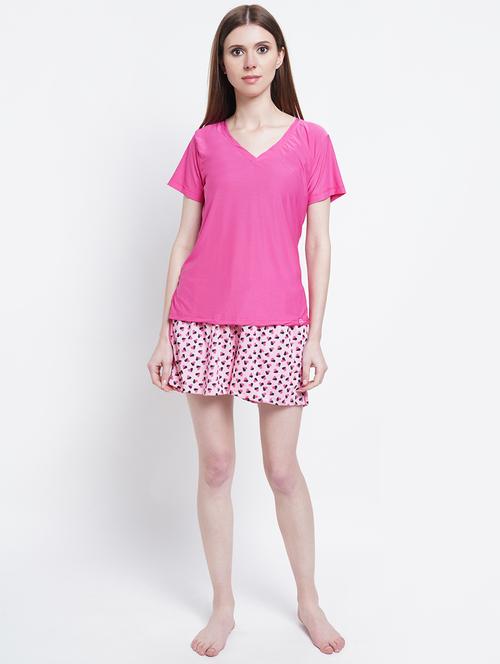 round neck printed nightwear shorts set - 18250368 - Very Small Image - 1