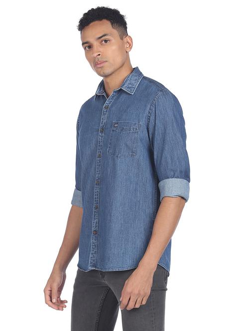 blue solid denim casual shirt - 18254900 - Very Small Image - 1