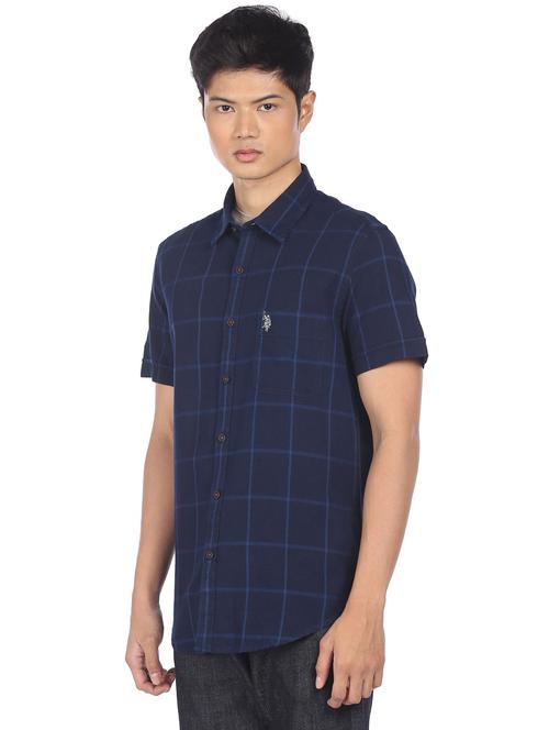navy-blue checkered casual shirt - 18254979 - Very Small Image - 1