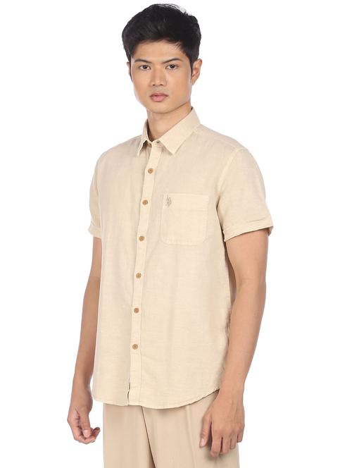 beige solid casual shirt - 18255121 - Very Small Image - 1