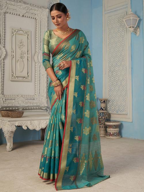 women's self design turquoise colored saree with blouse - 18257467 - Very Small Image - 1
