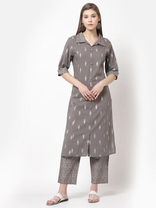 Grey Cotton Kurta Palazzo Set - 18259543 - Very Small Image - 1