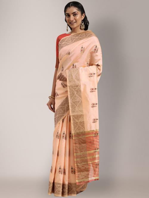 women's self design peach colored saree with blouse - 18259609 - Very Small Image - 1