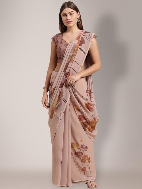 women's solid brown colored saree with blouse - 18259615 - Very Small Image - 1