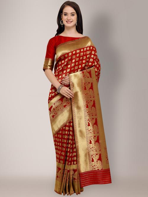 red silk blend banarasi saree with blouse - 18259618 - Very Small Image - 1