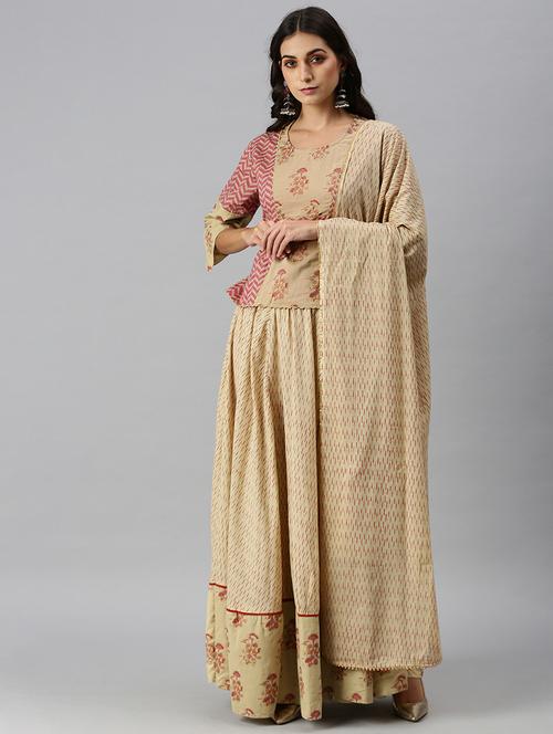 Women Beige Printed Skirt Top Set With Dupatta - 18260910 - Very Small Image - 1
