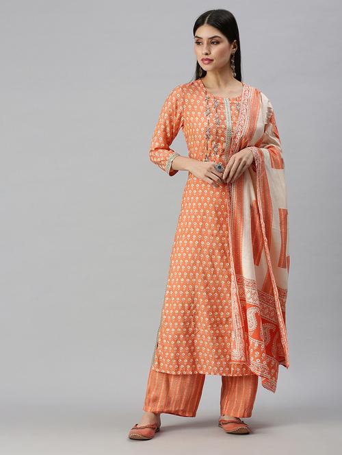 Women Floral Kurta Palazzo Set With Dupatta - 18260924 - Very Small Image - 1