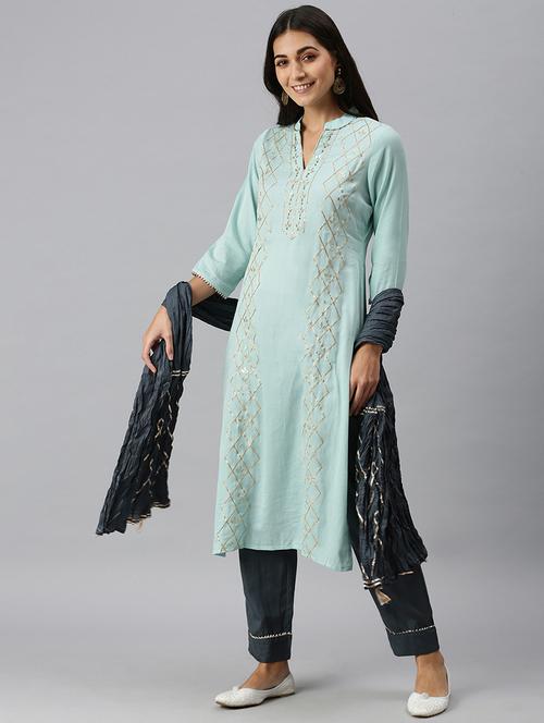 women gota work mandarin neck kurta pant set with dupatta - 18260943 - Very Small Image - 1