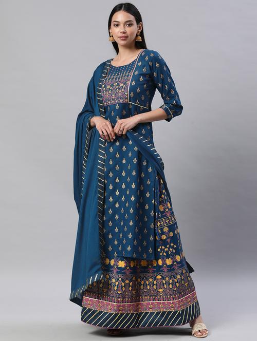 teal rayon kurta skirt  set - 18261454 - Very Small Image - 1