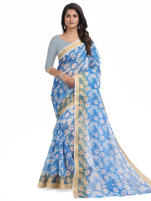 blue chanderi saree with blouse - 18263212 - Very Small Image - 1