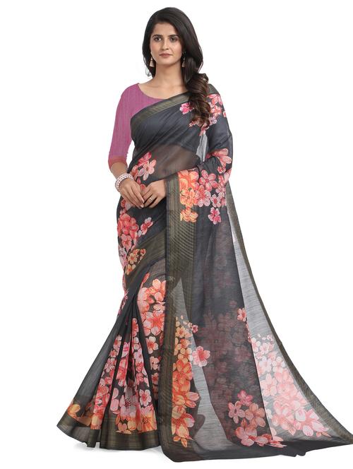 black floral chanderi saree with blouse - 18263217 - Very Small Image - 1