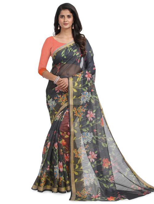 grey floral print saree with blouse - 18263224 - Very Small Image - 1