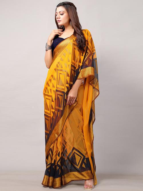 yellow chiffon printed saree - 18264073 - Very Small Image - 1
