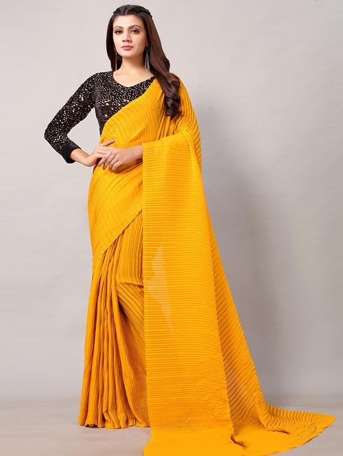 women's solid yellow colored saree with blouse - 18264085 - Very Small Image - 1