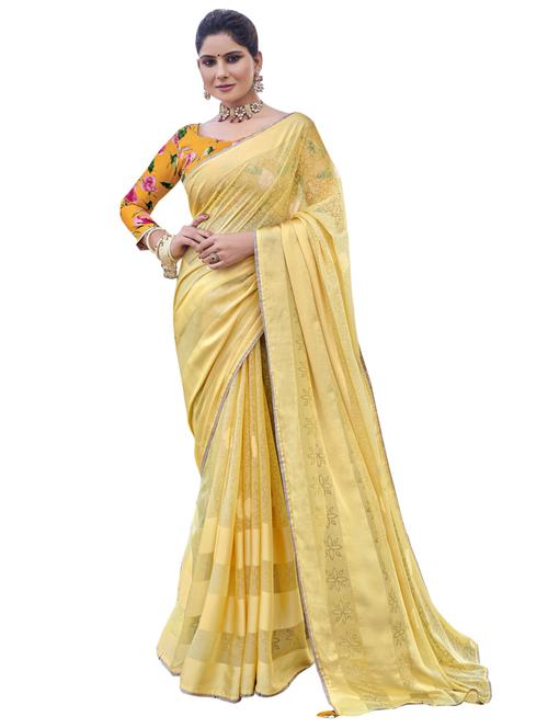 yellow chiffon printed saree with blouse - 18264581 - Very Small Image - 1