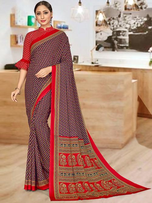 blue crepe printed saree with blouse - 18268669 - Very Small Image - 1