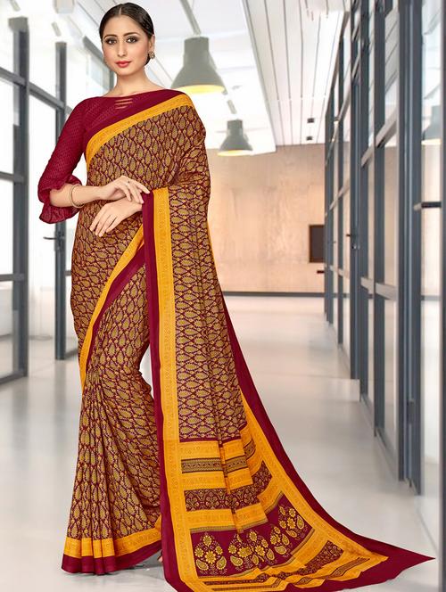 maroon crepe printed saree with blouse - 18268673 - Very Small Image - 1