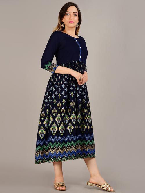 navy printed flared ethnic dress - 18271182 - Very Small Image - 1