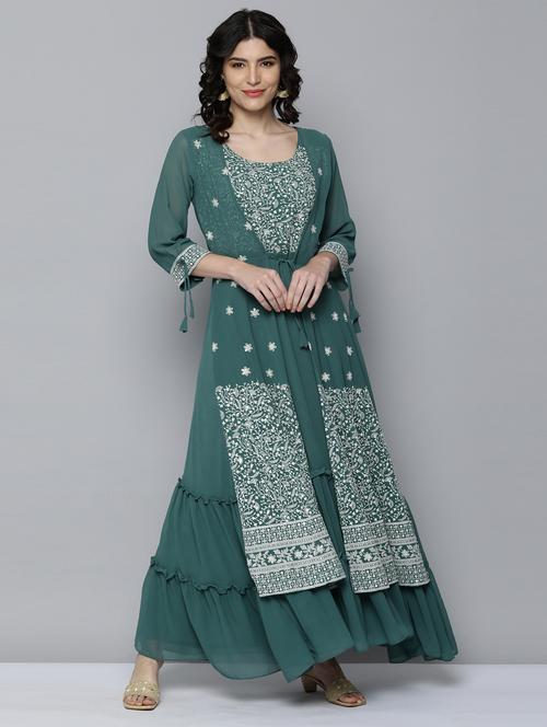 green embroidered layered ethnic dress - 18271260 - Very Small Image - 1